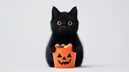 Black Halloween cat holding a trick-or-treat candy bucket in its mouth isolated on white background fun and festive character for seasonal campaigns 