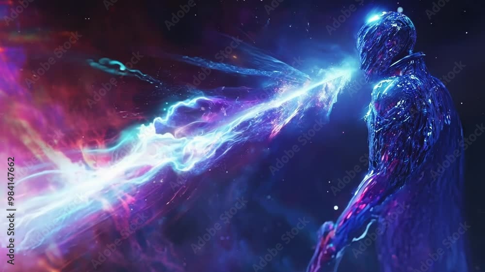 Poster astronaut of light explores space. emitting a powerful beam from a high tech device. navigating gala