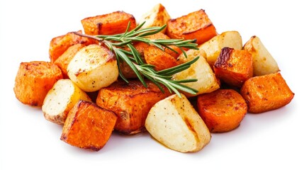 Caramelized roasted root vegetables including carrots and parsnips with rosemary sprigs isolated on white background earthy autumn comfort food concept 