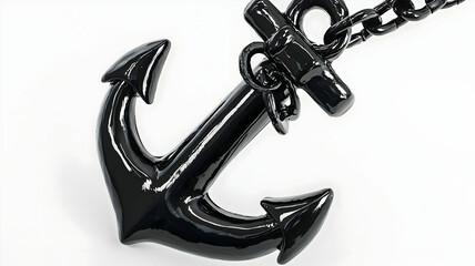 Black metal anchor with chain isolated on white background.