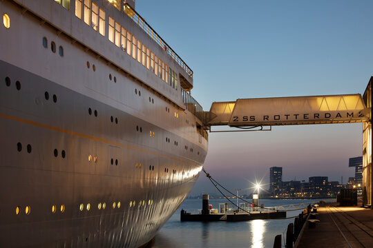 Rotterdam, Netherlands &ndash; September 19, 2024: Footbridge to the aft deck of ship the SS Rotterdam at dusk