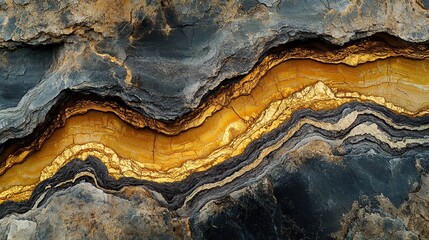 A close-up view of layered rock with golden and black textures.