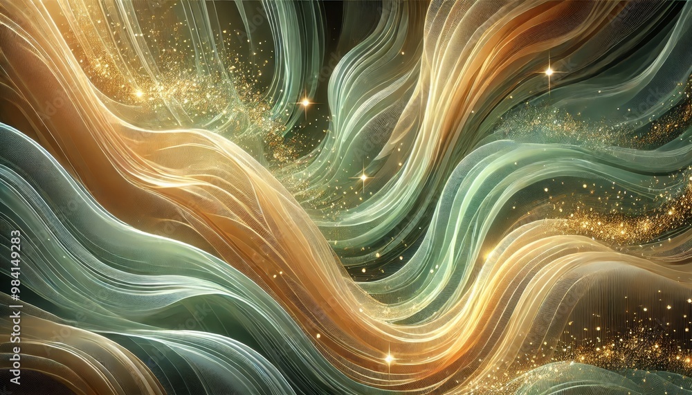 Poster elegant 3d abstract design featuring flowing golden and teal waves of light with sparkling particles