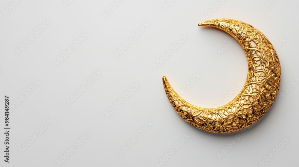 Wall mural crescent moon with intricate arabic patterns glowing in gold isolated on white background symbolizin