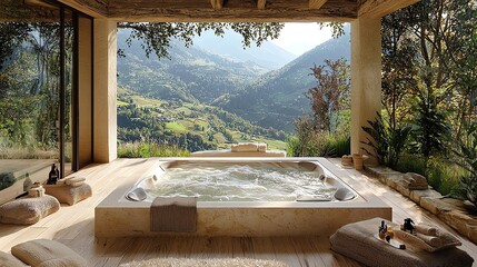 A serene hot tub overlooking a breathtaking mountain landscape, perfect for relaxation and...