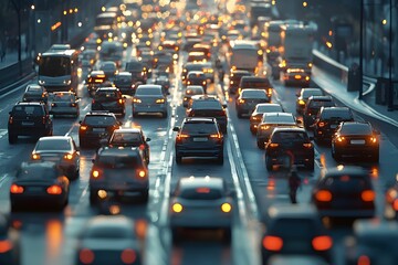 Evening rush hour traffic on a busy urban street during twilight