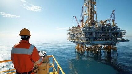A massive offshore oil rig under a bright, clear sky