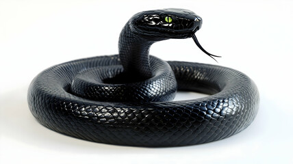 Fototapeta premium A black snake with green eyes coiled up on a white background.