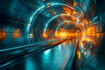 Illuminated urban tunnel with vibrant blue and orange lights