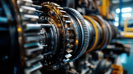 Fototapeta premium Precision Engineering: Close-Up of Interconnected Gears in Modern Mechanical Device