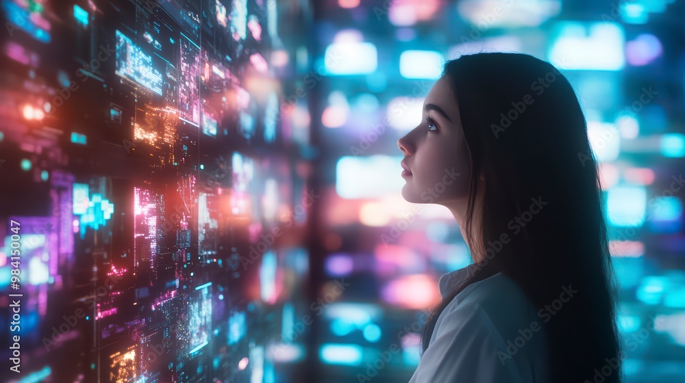 Poster a woman surrounded by digital screens and holograms symbolizing the depth of knowledge in the age of