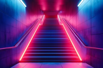 Stairs illuminated with vibrant neon lights in a modern building