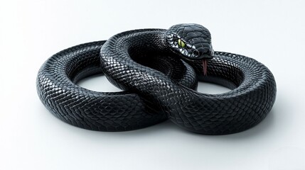 Close-up of a black snake with green eyes, coiled on a white background.
