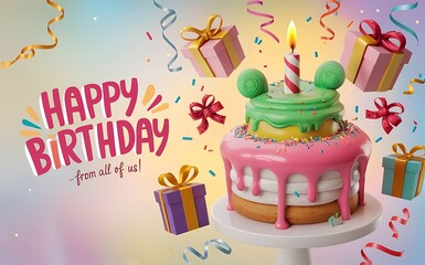 Happy birthday greeting card. Birthday celebration template, poster, banner. Colorful birthday gift card. Happy birthday typography illustration. candles, gift boxes, confiettes