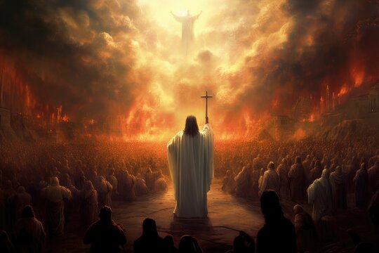 Jesus, dressed in white robes, stands on the cross, holding it high above his head as he looks down upon an endless crowd of people bowing and praying to him.