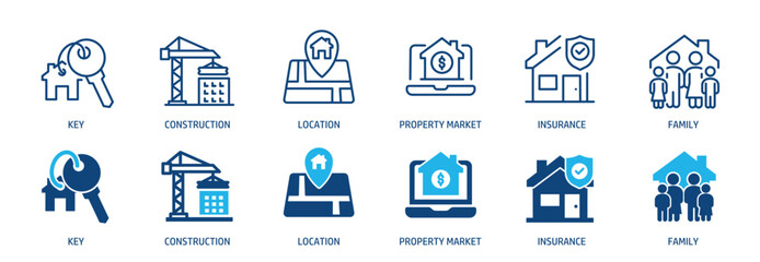 Real estate line and glyph solid icons collection. Minimal icon and symbol series vector illustration