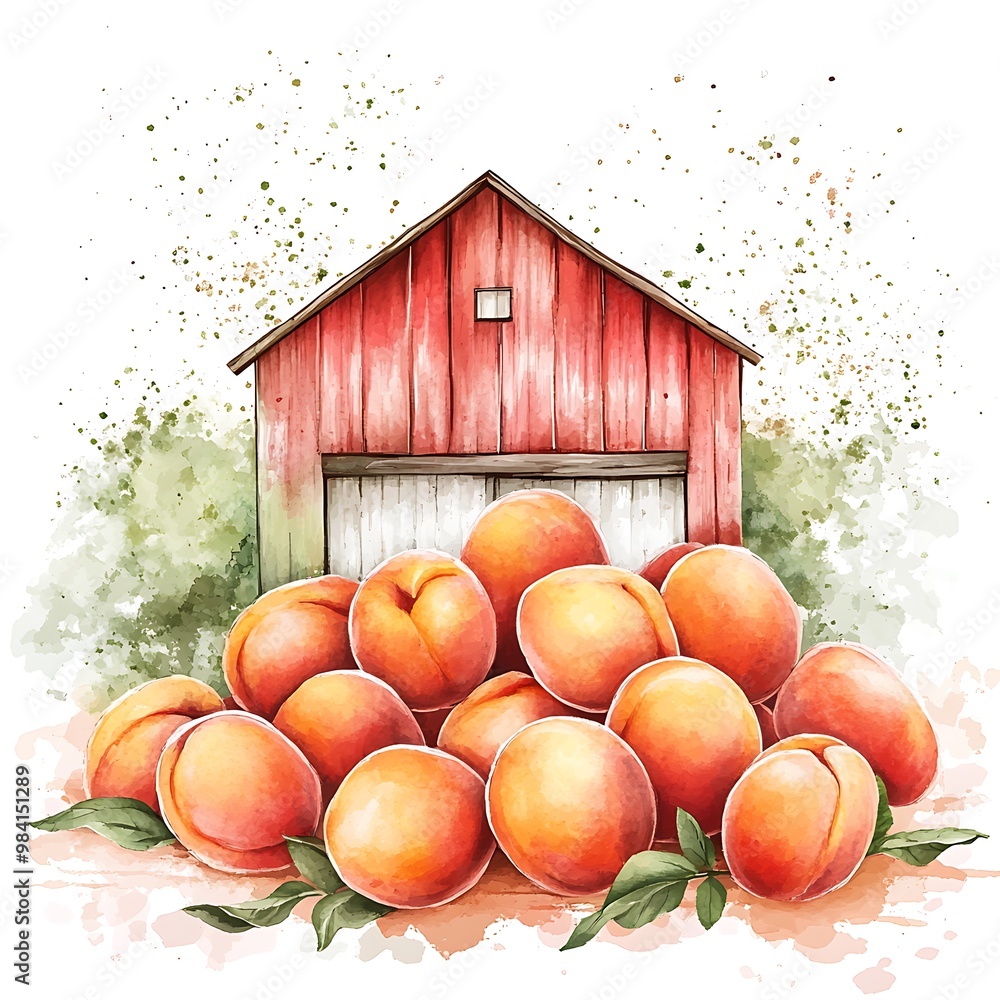 Sticker Watercolor Illustration of Fresh Peaches in Front of a Red Barn.