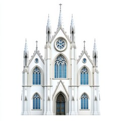 Fototapeta premium Elaborate cathedral-style church with flying buttresses and rose window in classic Gothic design isolated on white background 