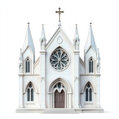 Fototapeta premium Elaborate cathedral-style church with flying buttresses and rose window in classic Gothic design isolated on white background 
