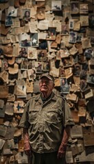 Fototapeta premium Veteran Reflecting at Veterans Day Exhibition - Tribute Wall with Photos and Letters
