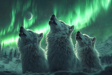 Obraz premium Wolf an iconic apex predator, embodies both grace and ferocity. With its sleek fur, keen senses, and haunting howl, the wolf roams the forests and plains in packs, displaying remarkable. 