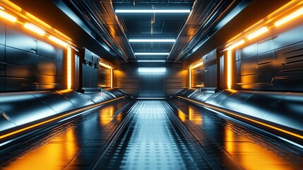 Fototapeta premium A futuristic corridor with metallic surfaces and glowing orange lights.