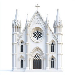 Obraz premium Elaborate cathedral-style church with flying buttresses and rose window in classic Gothic design isolated on white background 