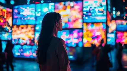 Obraz premium A woman surrounded by digital screens and holograms symbolizing the depth of knowledge in the age of AI