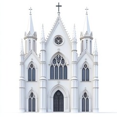 Fototapeta premium Elaborate cathedral-style church with flying buttresses and rose window in classic Gothic design isolated on white background 