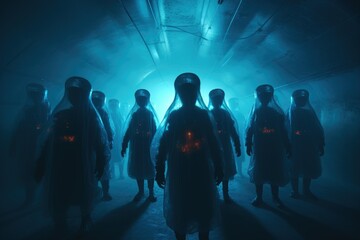 A group of people wearing dark blue , with glowing red symbols on their backs and faces, facing the camera in an underground tunnel surrounded by shadows.