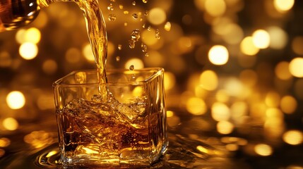 A golden bourbon artistic pour, captured mid-air with light reflecting through the stream