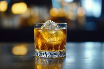 A golden bourbon cocktail with a large ice cube, creating soft ripples in the drink