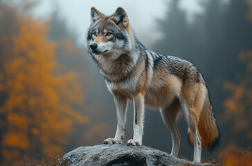 Obraz premium Wolf an iconic apex predator, embodies both grace and ferocity. With its sleek fur, keen senses, and haunting howl, the wolf roams the forests and plains in packs, displaying remarkable. 