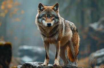 Fototapeta premium Wolf an iconic apex predator, embodies both grace and ferocity. With its sleek fur, keen senses, and haunting howl, the wolf roams the forests and plains in packs, displaying remarkable. 