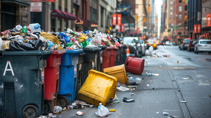Overflowing trash cans polluting a street