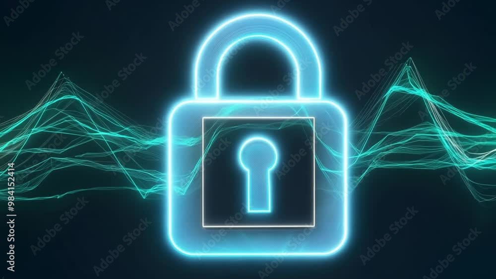 Poster A metallic lock stands prominently against a dark background, with vibrant data streams surrounding it. This visual highlights themes of cybersecurity and information protection.