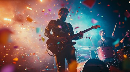 Obraz premium Rock band vocalist silhouette with the guitar singing to microphone. Rock Band with Guitarists Performing at a Concert in a Night Club.