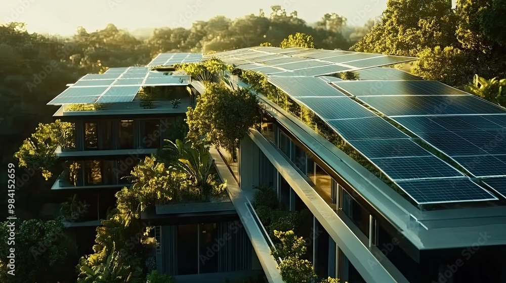 Sticker Modern building with solar panels and lush greenery on the roof.