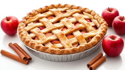 Freshly baked apple pie with lattice crust surrounded by cinnamon sticks and red apples isolated on white background warm autumn treat farmhouse style 