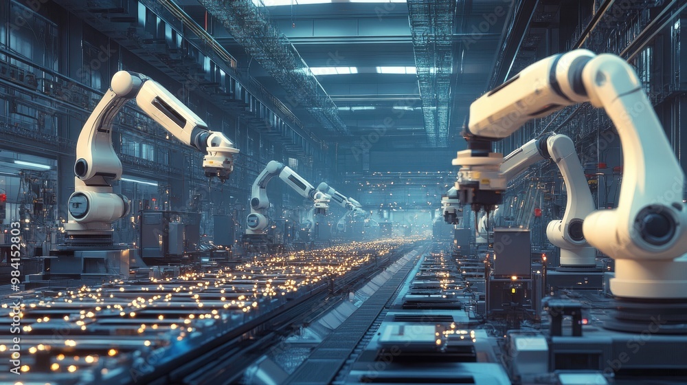 Poster a large industrial factory floor filled with robotic arms and automated production lines