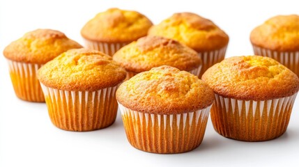 Golden brown cornbread muffins stacked neatly isolated on white background rustic autumn food with rich textures traditional fall flavors 