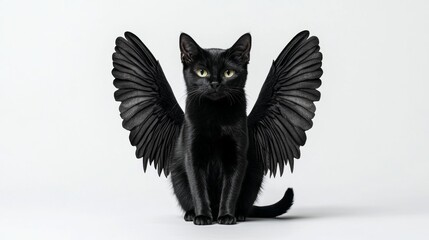 Fototapeta premium Gothic black cat with skeletal wings and a shadowy aura isolated on white background dark and mysterious concept for horror-themed projects 