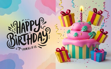 Happy birthday greeting card. Birthday celebration template, poster, banner. Colorful birthday gift card. Happy birthday typography illustration. candles, gift boxes, confiettes