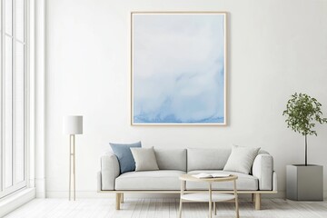 A minimalist light blue watercolor painting hanging in a bright, modern living room