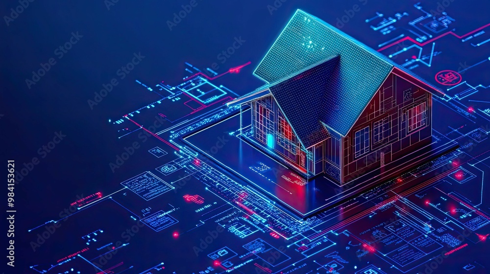 Poster a wireframe model of a house connected to a network of circuitry