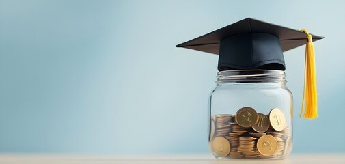 A graduation cap on a jar filled with coins, symbolizing education savings and financial planning.