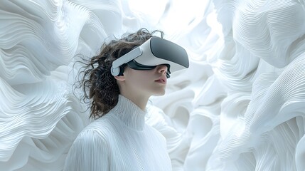 Woman in VR headset with abstract white background