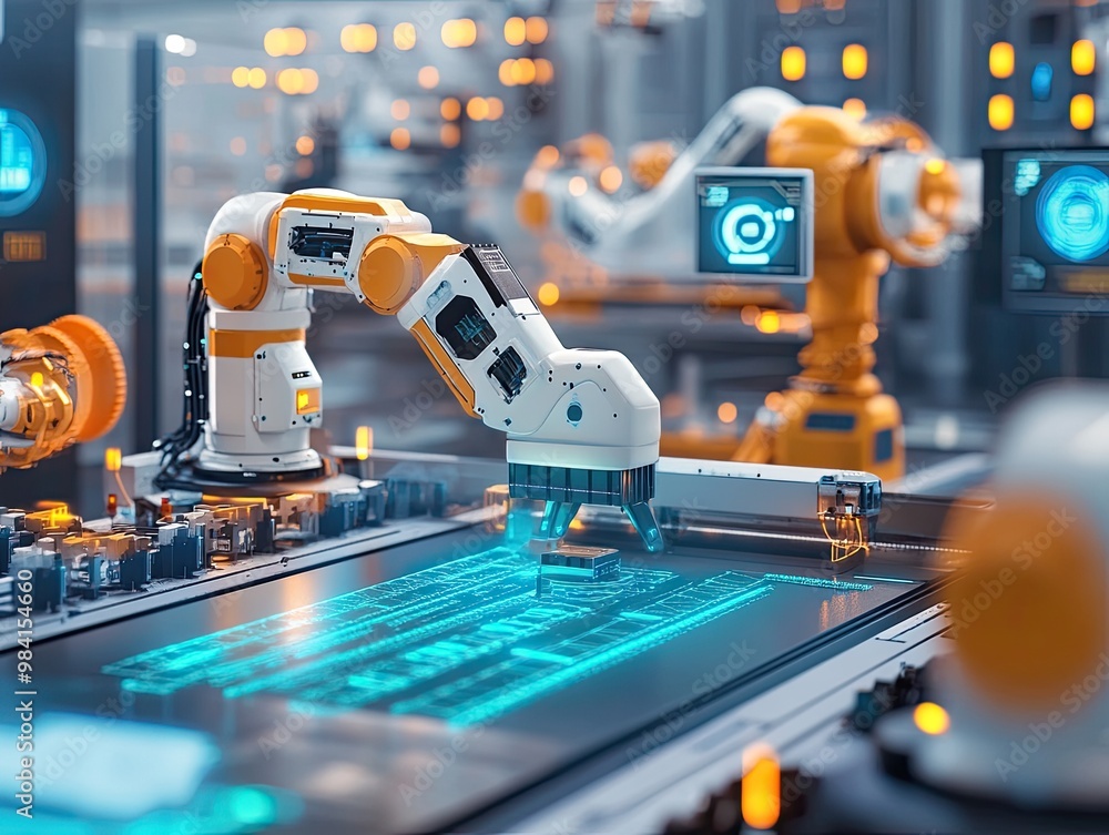 Poster a smart industry factory, fully automated with ai systems controlling production in real time