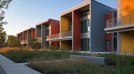A series of artist residences on a college campus, each unit showcasing different artistic techniques applied to fiber cement siding, from painting to 3D sculpting