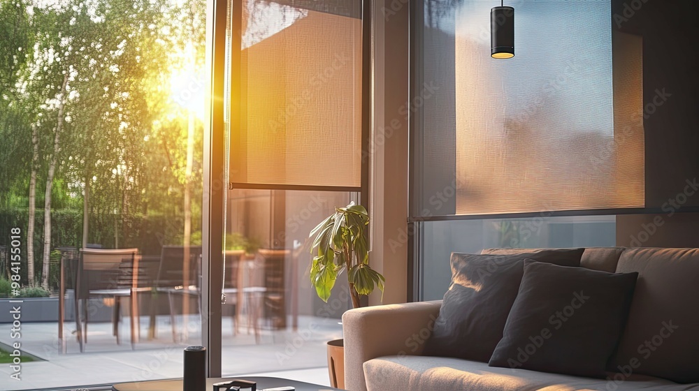 Sticker Sunlit Living Room with Beige Couch, Blinds, and a View of a Backyard